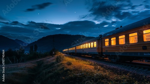 Vintage train at midnight, its bright and muted colors blending into the quiet of the night landscape