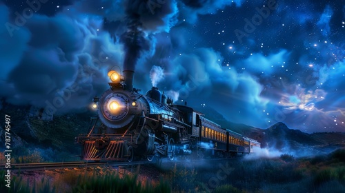 Vintage steam train roaring under starlit skies, excellent as a dynamic background in design
