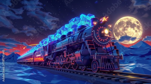 Timeless locomotive adventure  captured with a surreal overlay of geometric patterns under moonlight