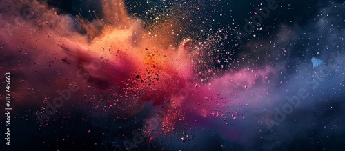 Vibrant powder particles create a colorful cloud suspended in the air  adding a dynamic and lively element to the scene