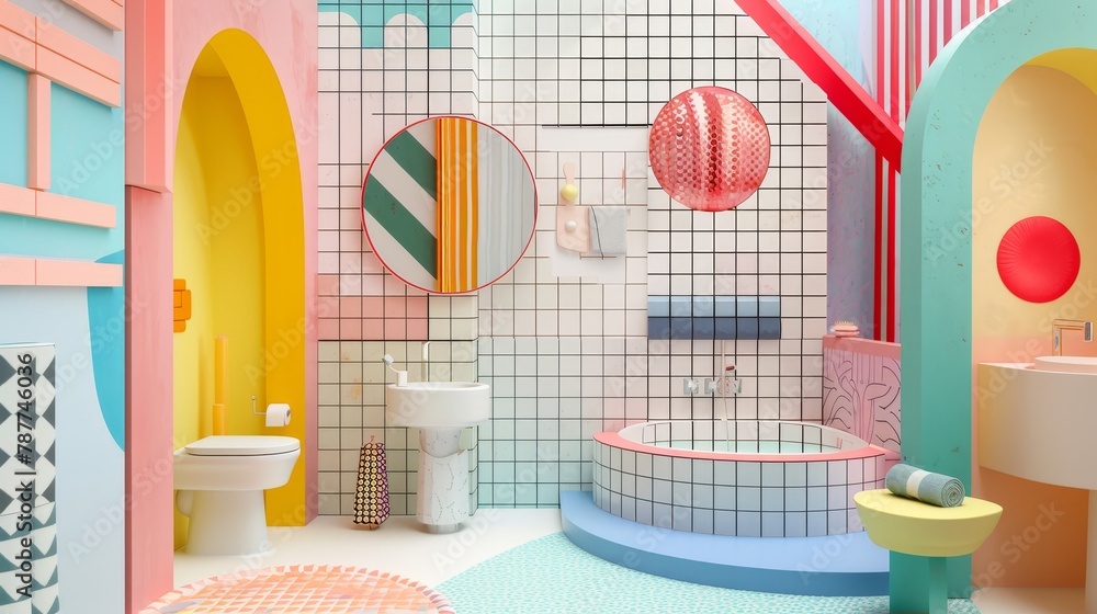 Playful overlap of shapes forming humorous bathroom scenes, circles and triangles blending to depict whimsy art Playful overlap of shapes forming humorous bathroom scenes, circles and triangles blending to depict whimsy art