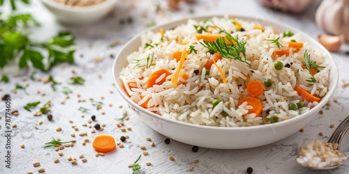 A close-up of enticing mixed vegetable fried rice, garnished with herbs, surrounded by ingredients on a light background