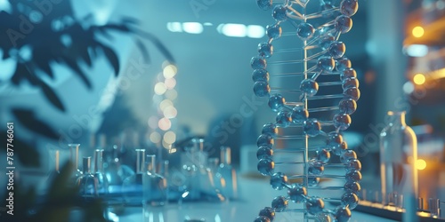 An intricate DNA double helix is illuminated in a futuristic laboratory setting, with scientific equipment and a blue hue in the background