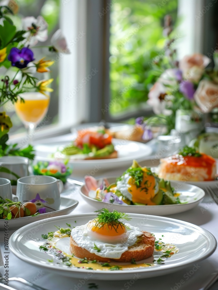 Elegant brunch setup with poached eggs on toast and a bouquet on a bright window table