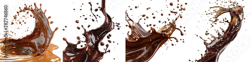 Dark brown Chocolate, coffee or cocoa liquid swirl splash with little choc bubbles  On A Clean White Background Soft Watercolour Transparent Background photo