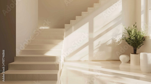 Chic beige stairs reflecting minimalist Scandinavian style in an elegant lounge.