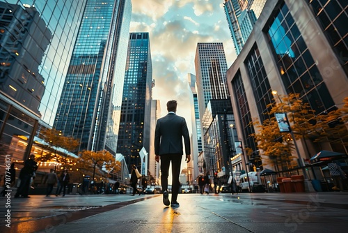 A businessman in a suit stands in the middle of a city street, looking up at the sky, start up and business concepts
