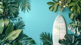 Top view of a surfboard with tropical leaves on a clean soft green backdrop with a big space for text or product advertisement, Generative AI.