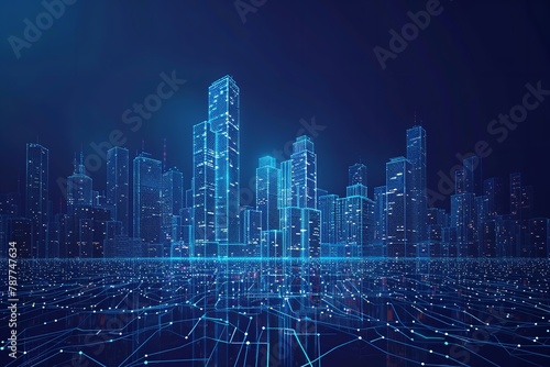 Over a blue geometric backdrop  a low poly wireframe tandem format style art depicts a chic city colliding with wi-fi and space  Generative AI.