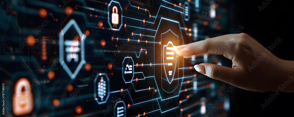 Fototapeta premium Digital security network. Abstract concept illustration featuring businessman guarding data with shield key and padlock symbolizing online privacy and cyber protection