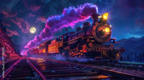 Bold colors splash across an antique locomotive, racing under the moon's subtle glow at midnight