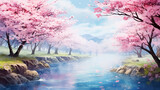 amazing nature background with fantasy spring nature landscape and cherry blossom