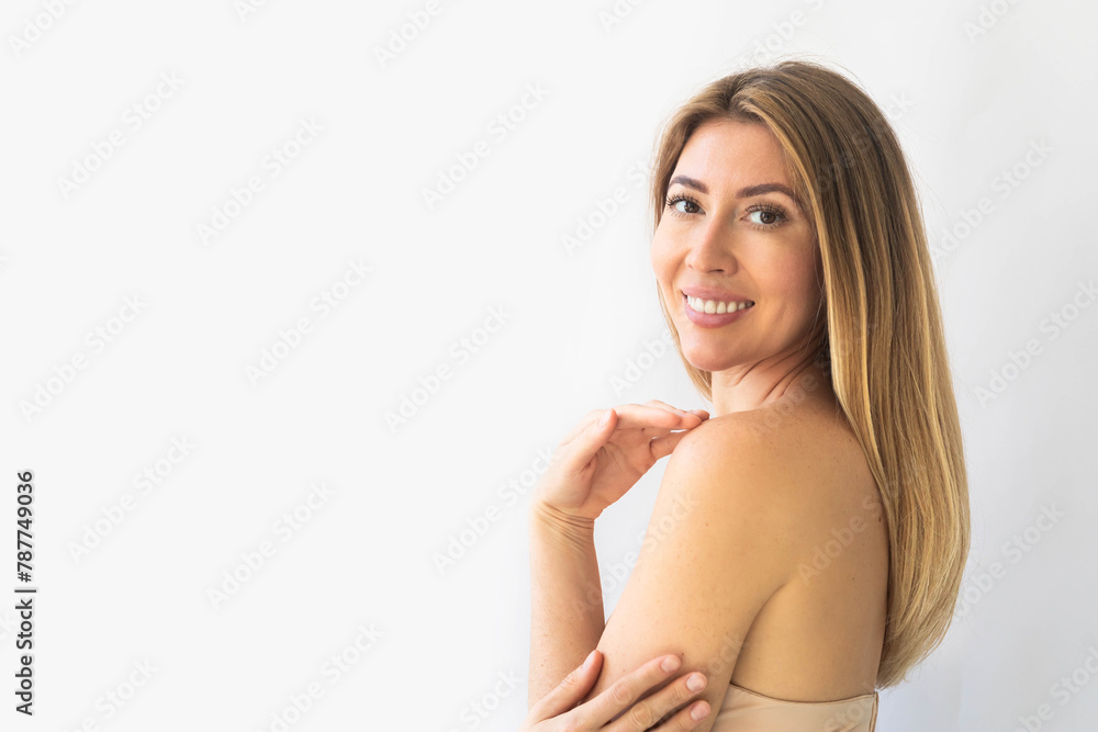 Fototapeta premium Beautiful gorgeous woman looking at camera isolated on white. Beauty healthy facial skin care