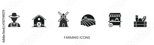 Vector farming set of icons, outdoor market, shop icon, box with vegetables and fruit icon, farmer, windmill, stall, field. Trendy colors. Isolated on a white background. Editable stroke