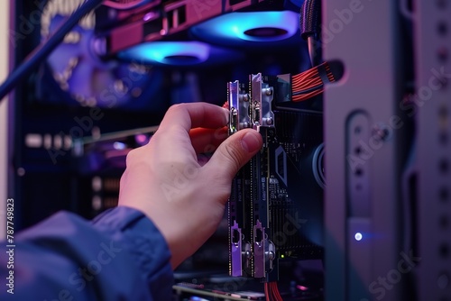 Close shot of a hand installing GPU in PC Tower with a big space for text or product a backdrop with colorful neon lights, Generative AI.