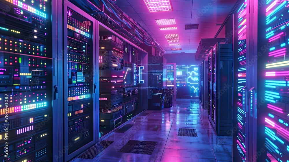 A cyberpunk-inspired server room with neon lights and gritty aesthetics.