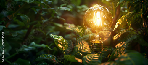 Solar lighting nurture plant growth in lamp bulb, harmonizing with trees on green background. image captures greenery against mountain backdrop, green technology, innovation, startup or idea concept. © NaLan