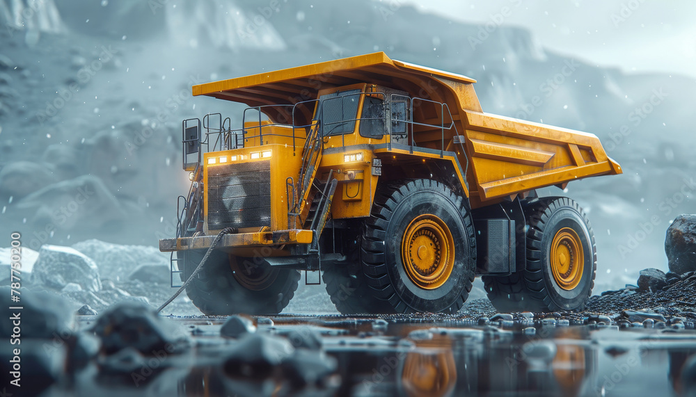 A large orange dump truck is driving down a road in the mountains by AI generated image