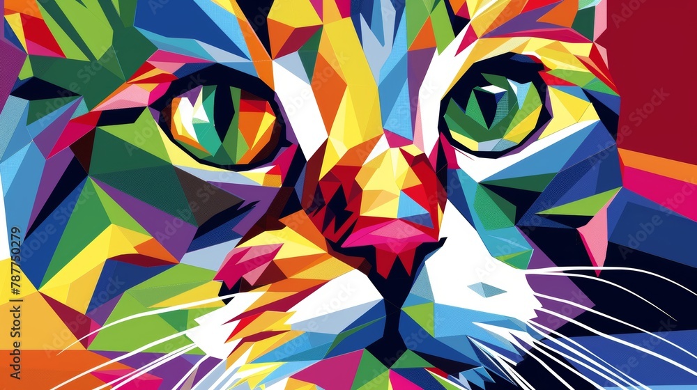 Obraz premium A mosaic of geometric shapes in dynamic colors forms a playful cat, ideal for wall art in animal themes