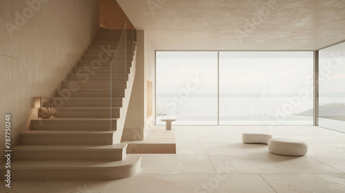 Sleek beige stairs in a minimalist Scandinavian lounge with a panoramic window and soft natural lighting. © ASMAT