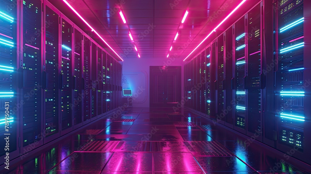 A server room bathed in neon lights, creating a futuristic and mysterious atmosphere. A server room bathed in neon lights, creating a futuristic and mysterious atmosphere.