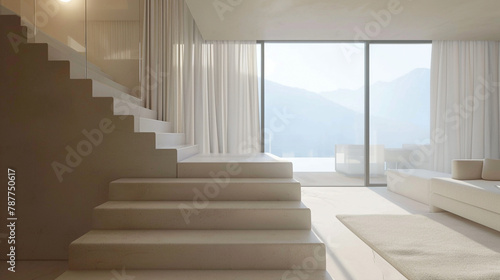 Sleek beige stairs in a minimalist Scandinavian lounge with a panoramic window and soft natural lighting.