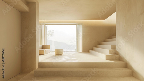 Sleek beige stairs in a minimalist Scandinavian interior lounge with a window offering a beautiful view.