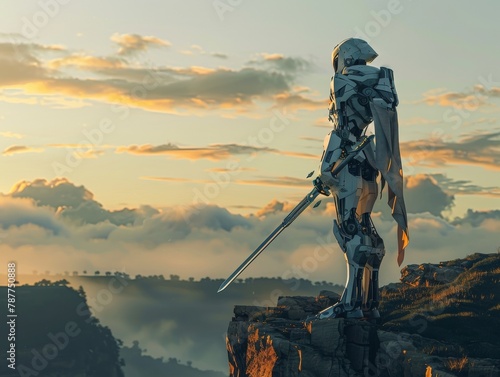 Female knight mecha standing on a cliff at dawn with a sword, overlooking misty valleys
