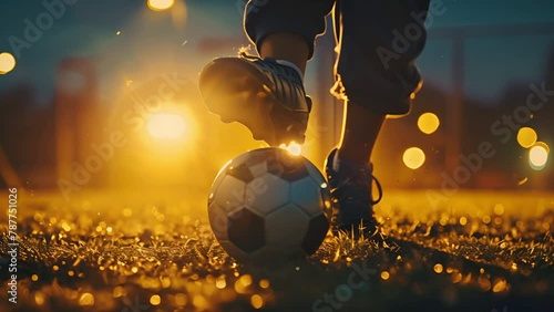 Teenagers foot kicking a soccer ball backlit by the sunset. Tracking shot in slow motion freezing the action. photo