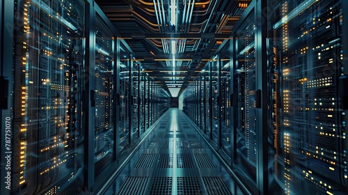 Rows of servers forming a vanishing point, emphasizing the scale and complexity of data centers.