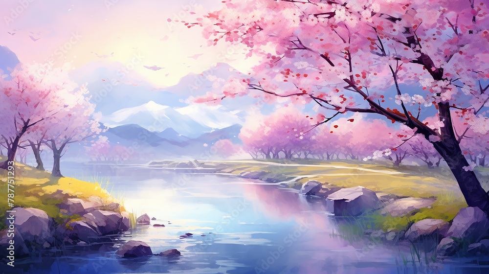 beautiful fantasy spring nature landscape and cherry blossom in anime cartoon style beautiful fantasy spring nature landscape and cherry blossom in anime cartoon style
