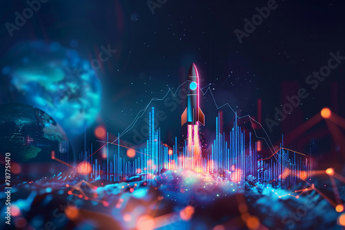 Rocket rising into space and Implement digital graphs to measure return on investment.