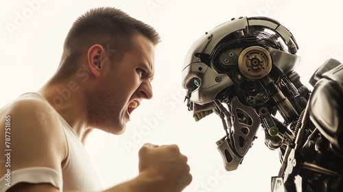Man confronting robot, face to face aggression photo