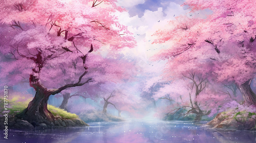 fantasy spring nature landscape and pink cherry blossom