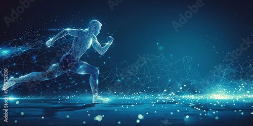 Over a blue geometric backdrop, a low poly wireframe tandem format style art depicts a man youth running colliding with others and space, Generative AI.