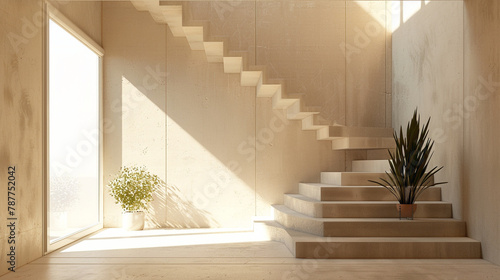 Sleek beige stairs in a modern Scandinavian interior lounge with a window and tranquil setting. © ASMAT