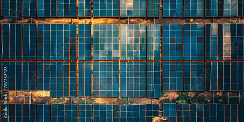 top view of advanced battery energy storage system with solar system Aerial view of Solar panels on industry factory rooftop green manufacturing in focus