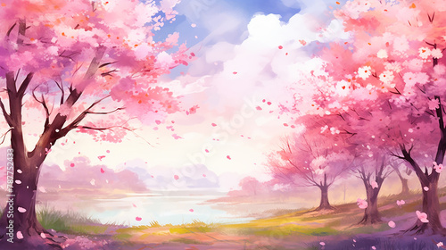 beautiful anime illustration fantasy spring nature landscape and cherry blossom © Aura
