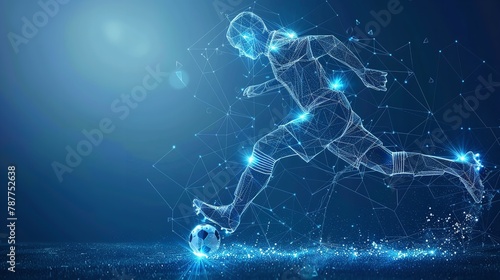 Over a blue geometric backdrop, a low poly wireframe tandem format style art depicts a man youth player colliding with a football and space, Generative AI.