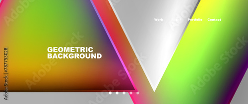 A vibrant geometric pattern of colorful triangles in shades of magenta, electric blue, and peach on a gray rectangle background, creating a dynamic and eyecatching design