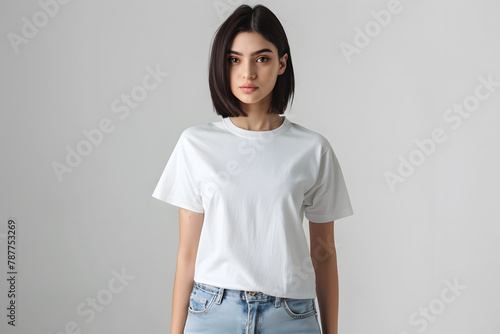 Young Woman White T-Shirt Mockup, A Blank White T-Shirt Awaiting Your Design, Express Your Style: Showcase Your Designs on a Classic White T-Shirt, A Simple White T-Shirt for Everyday Wear