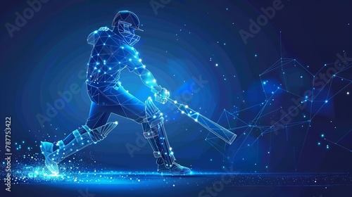 Over a blue geometric backdrop, a low poly wireframe tandem format style art depicts a man youth player colliding with a cricket ball and space, Generative AI.