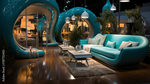 Showroom with modern blue furniture with curved shapes, luxurious event space divinely decorated
