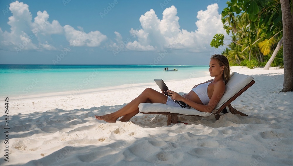 Happy female tourist in white summer dress and swimsuit enjoying beautiful sandy beach near rocks and ocean, blue sky, sunny day, palm trees Happy female tourist in white summer dress and swimsuit enjoying beautiful sandy beach near rocks and ocean, blue sky, sunny day, palm trees