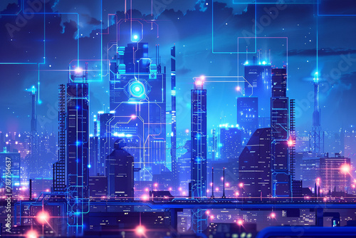 A digital painting of a cityscape at night. The city is full of skyscrapers and bright lights. The sky is dark and there are stars in the distance.