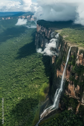 An aerial shot capturing the beauty of a natural wonder, such as a majestic waterfall, towering cliffs, or lush rainforest canopy, Generative AI
