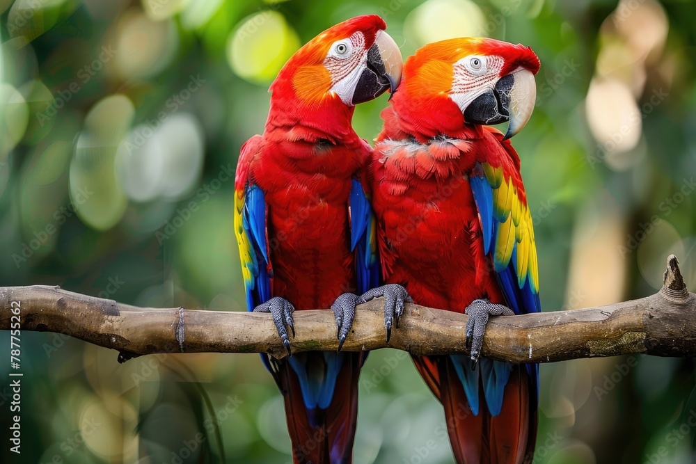A pair of parrots perched together on a branch