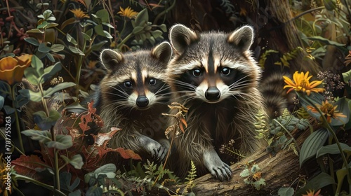 A pair of raccoons rummaging through a garden side by side