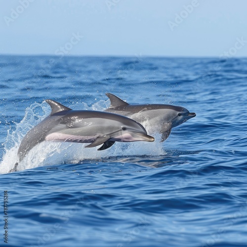 A couple of dolphins leaping from the ocean in unison