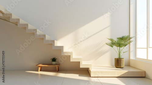 Stylish beige stairs in a contemporary Scandinavian-themed lounge with a window and tranquil atmosphere.